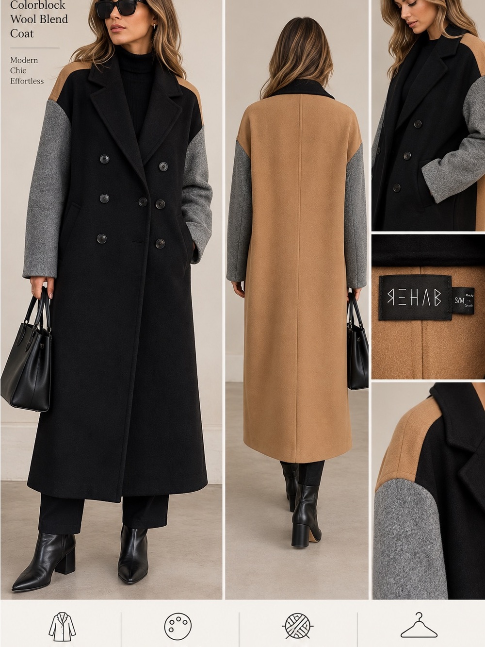 Rehab Black, Camel & Gray Colorblock Double-Breasted Coat